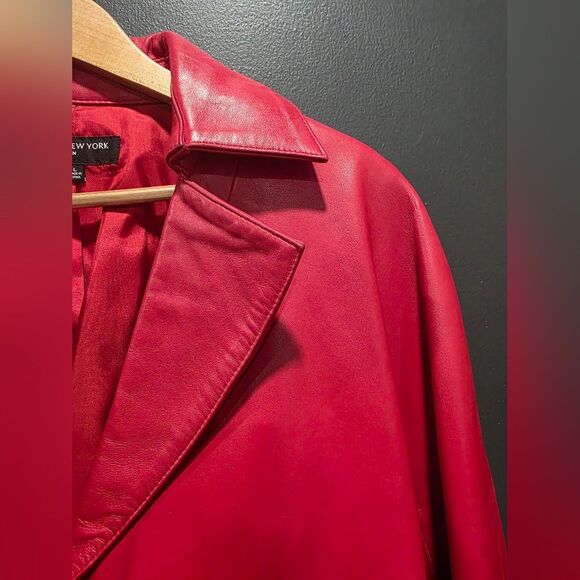 Red Leather Blazer Jacket Jones New York Collection One Snap Closure Collar Sz L - Picture 6 of 12